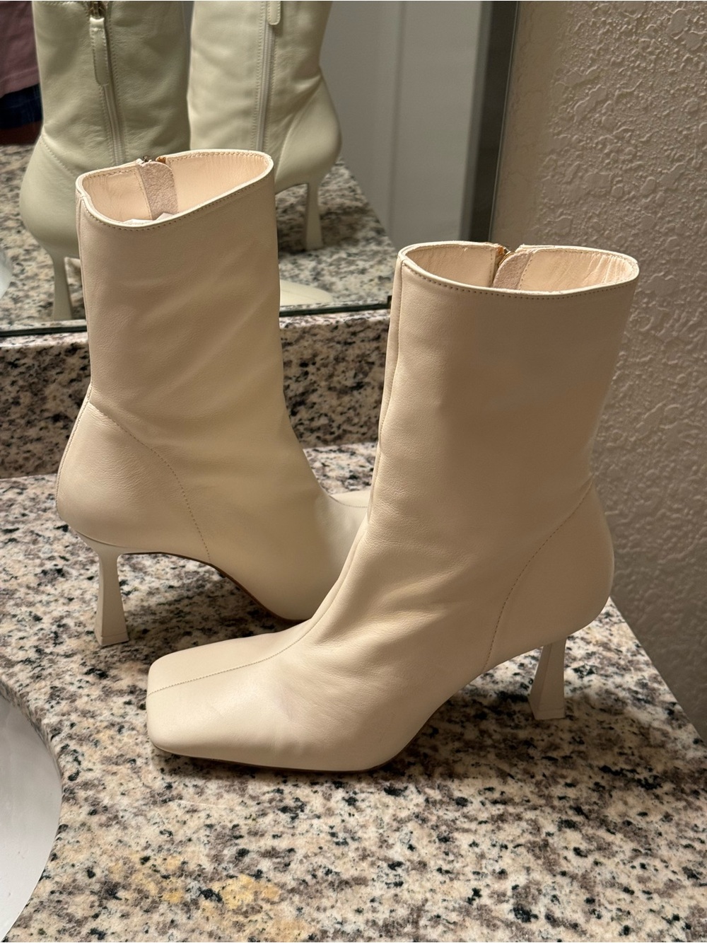 Zara Cream Mid-Calf Square-Toe Heeled Leather Boots